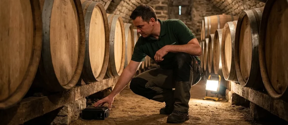 Pose d'un poste d'appâtage dans une cave à vin voûtée à Mâcon.
