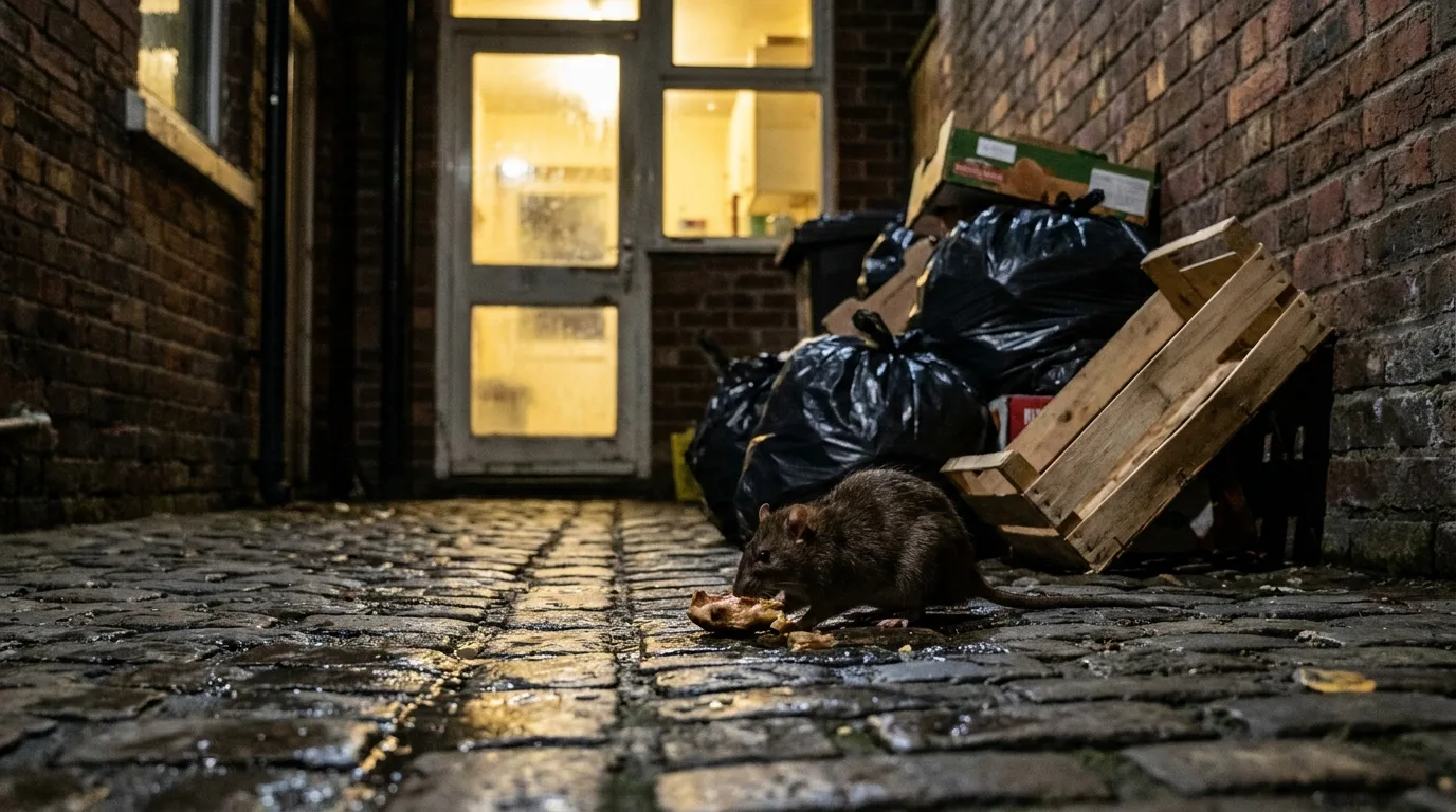 Rat brun dans une ruelle derrière les restaurants du centre de Mâcon.