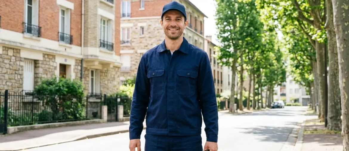 Technicien anti-nuisibles dans une rue résidentielle de Maisons-Alfort.