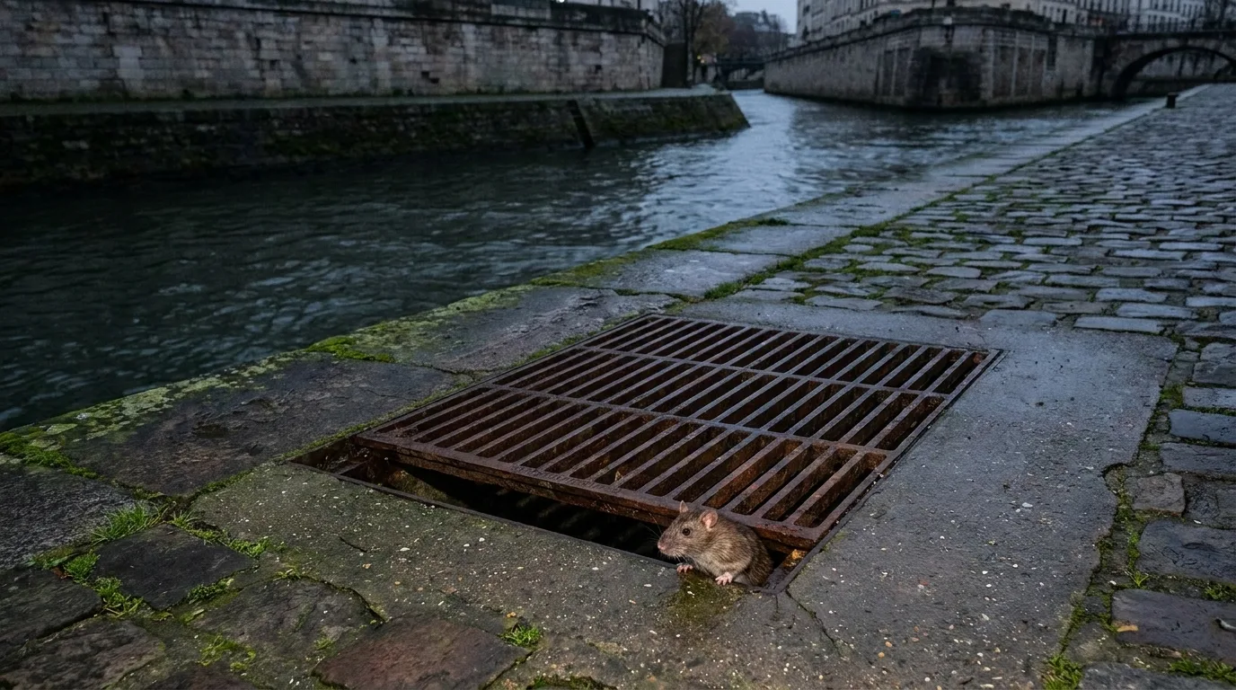 Rat près d'une bouche d'évacuation sur un quai.