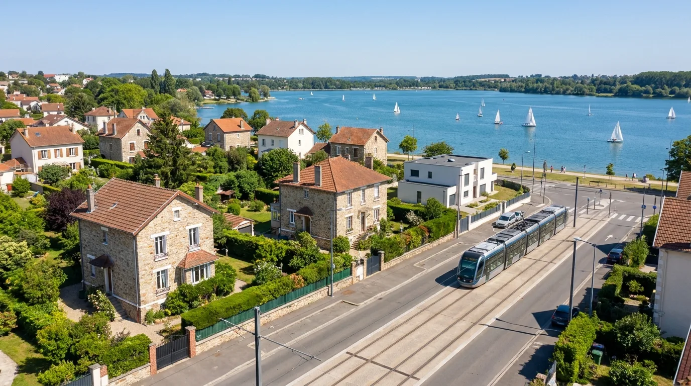 Meyzieu, ses quartiers pavillonnaires et le plan d'eau du Grand Large.