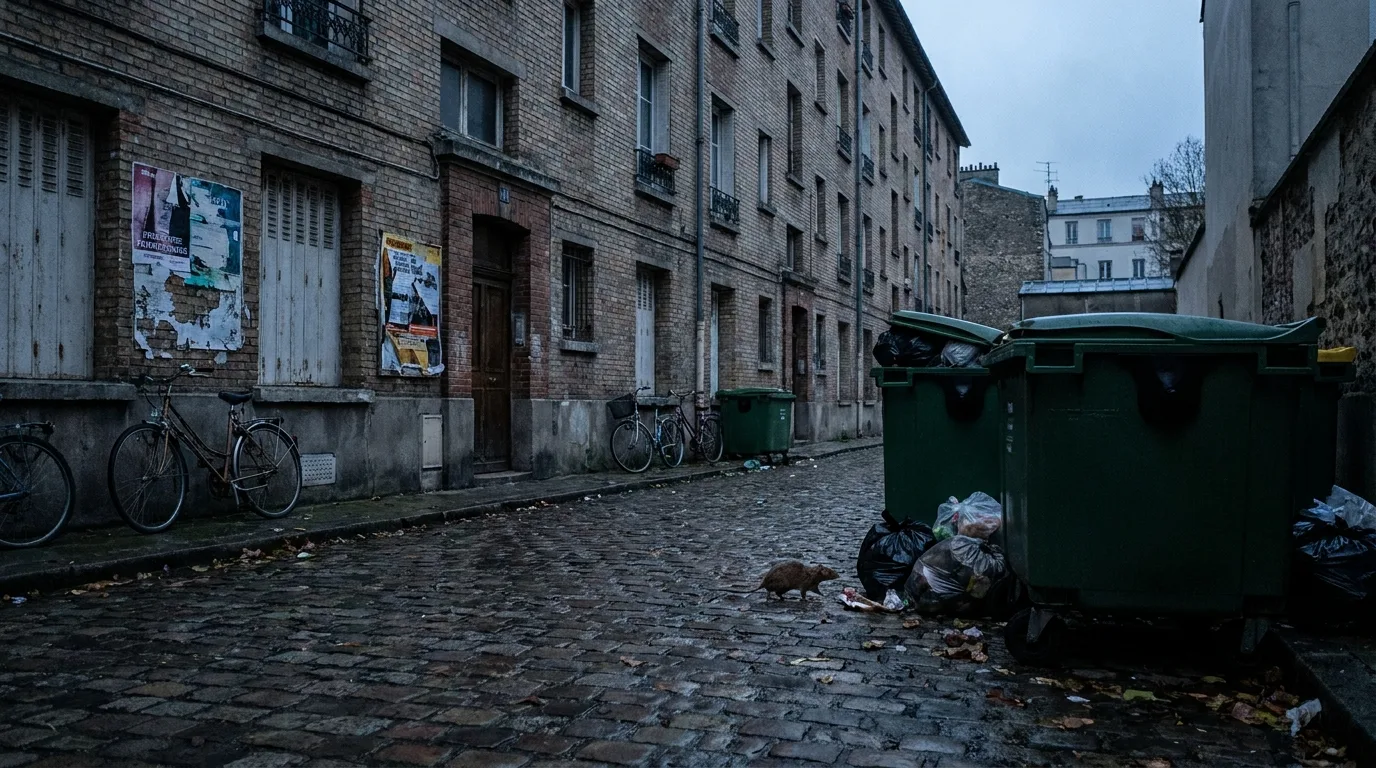 Rat près de poubelles collectives dans une cour d'immeuble.