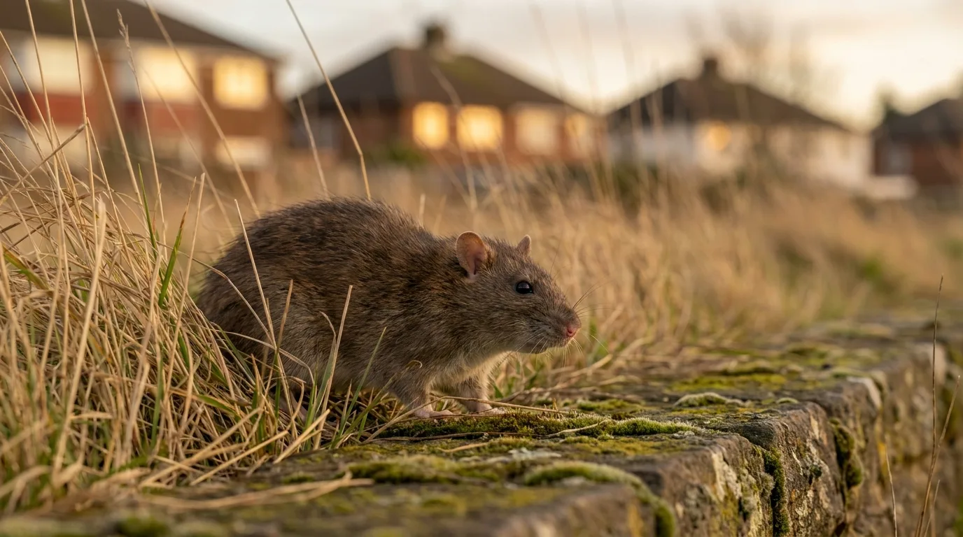 Rat brun en lisière de champ et de zone habitée à Rillieux-la-Pape.