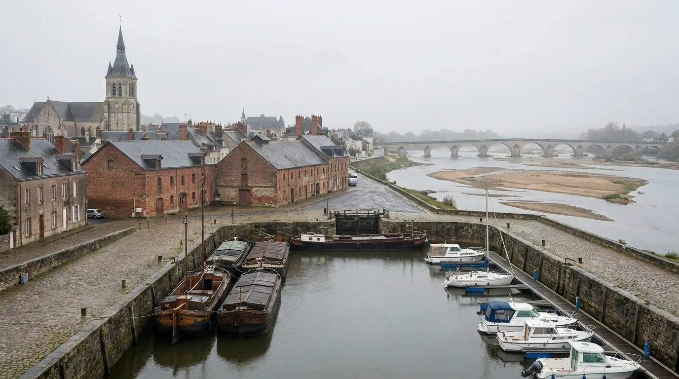 Le port de plaisance sur le canal, les entrepôts en briques et la Loire à Roanne.