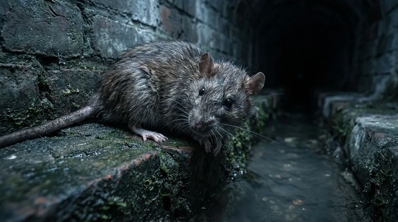 Rat brun dans un réseau d'assainissement à Saint-Chamond.