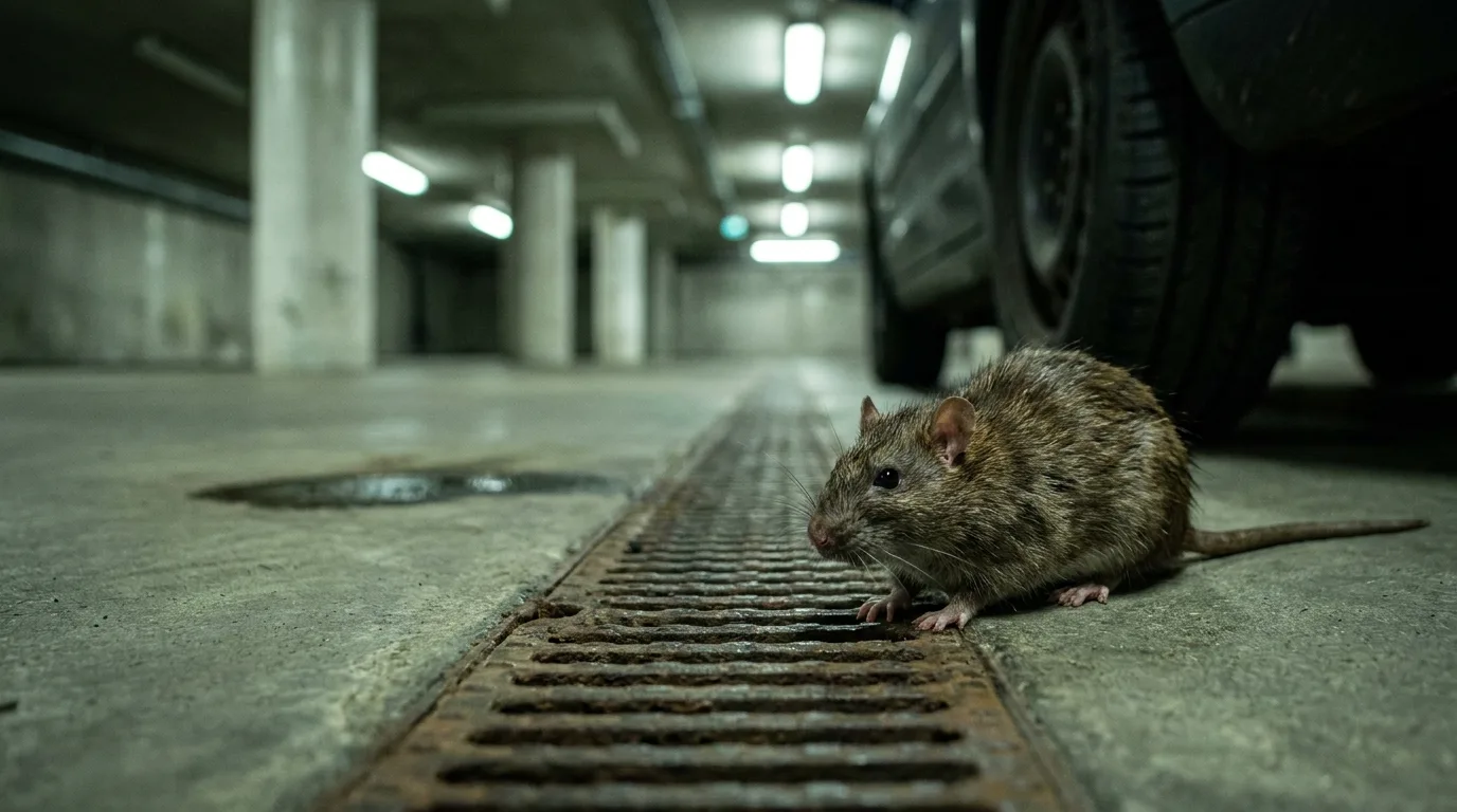 Rat brun près d'un caniveau dans un parking souterrain à Saint-Fons.