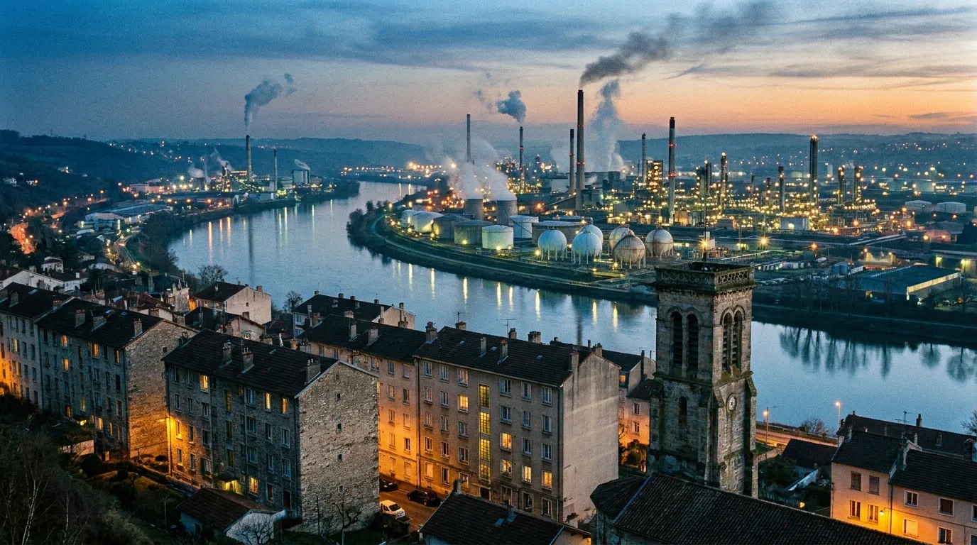 Saint-Fons et la vallée de la chimie au bord du Rhône, à la tombée du jour.