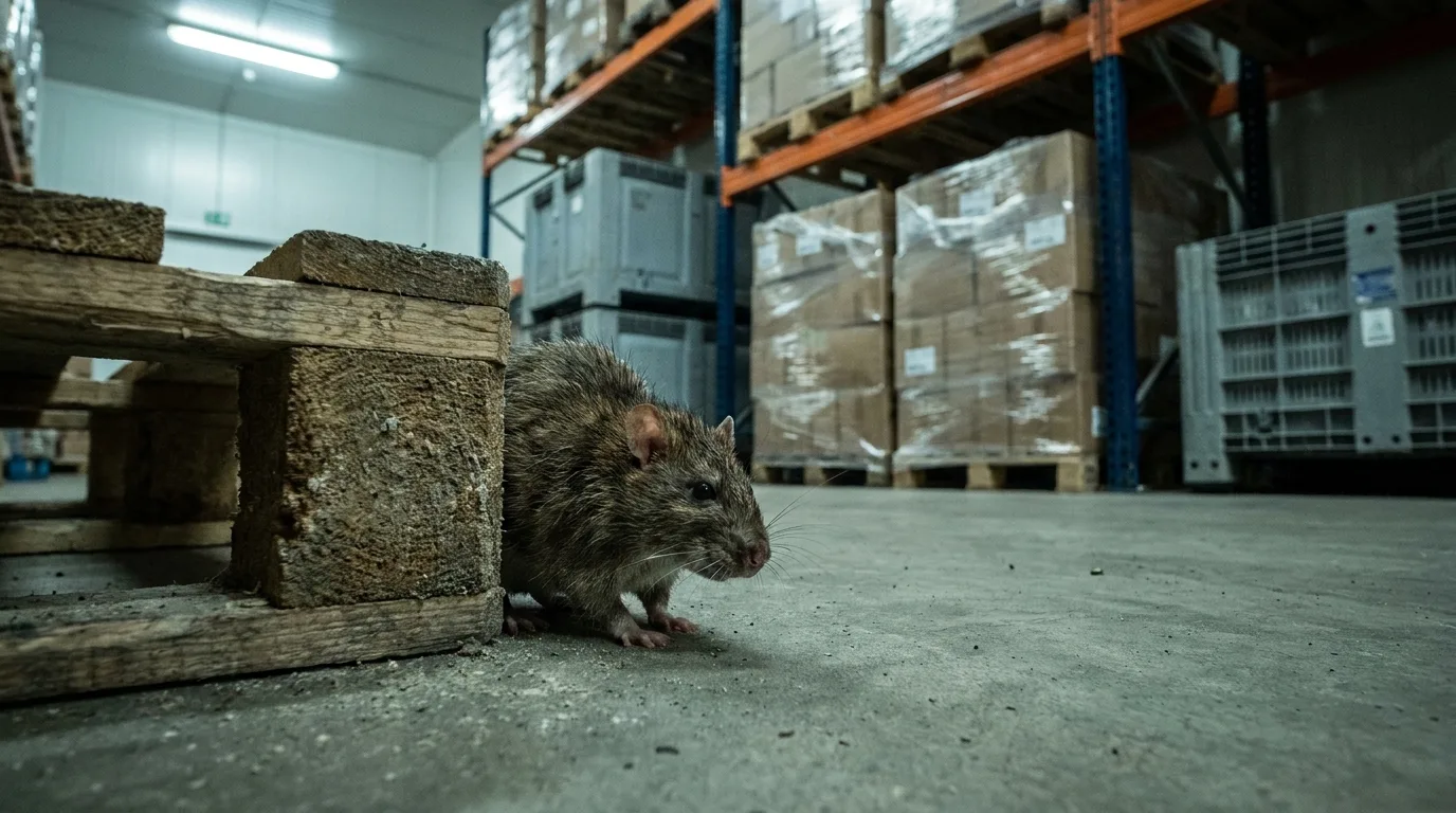 Rat brun dans un entrepôt logistique à Saint-Priest.