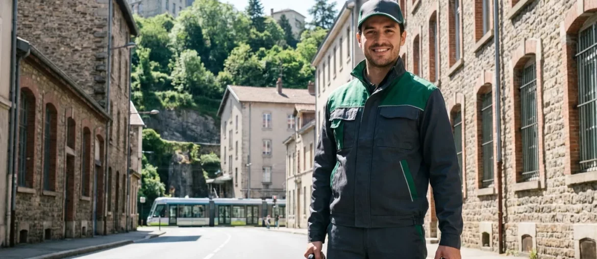 Technicien anti-nuisibles dans une rue industrielle de Saint-Étienne, tram en fond.