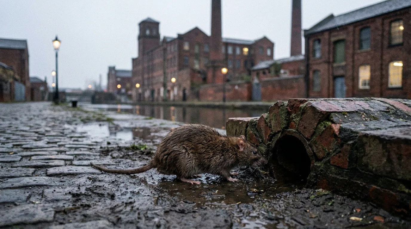 Rat près d'une évacuation sur un quai pavé.