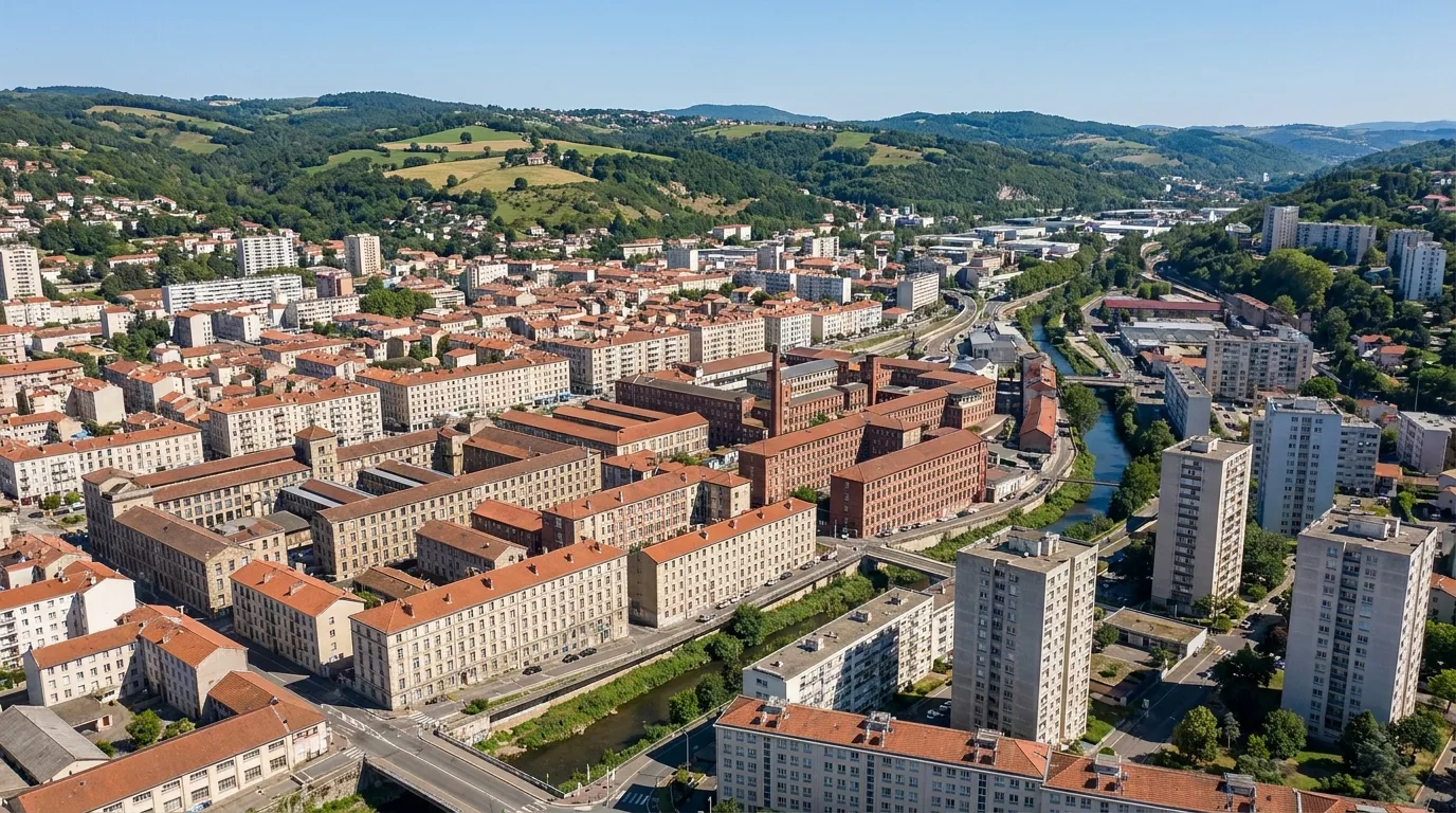 Saint-Étienne, ville dense dans une vallée cernée de collines.