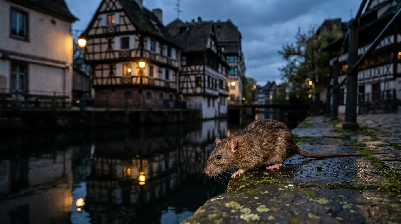 Rat brun sur un quai de canal à Strasbourg.