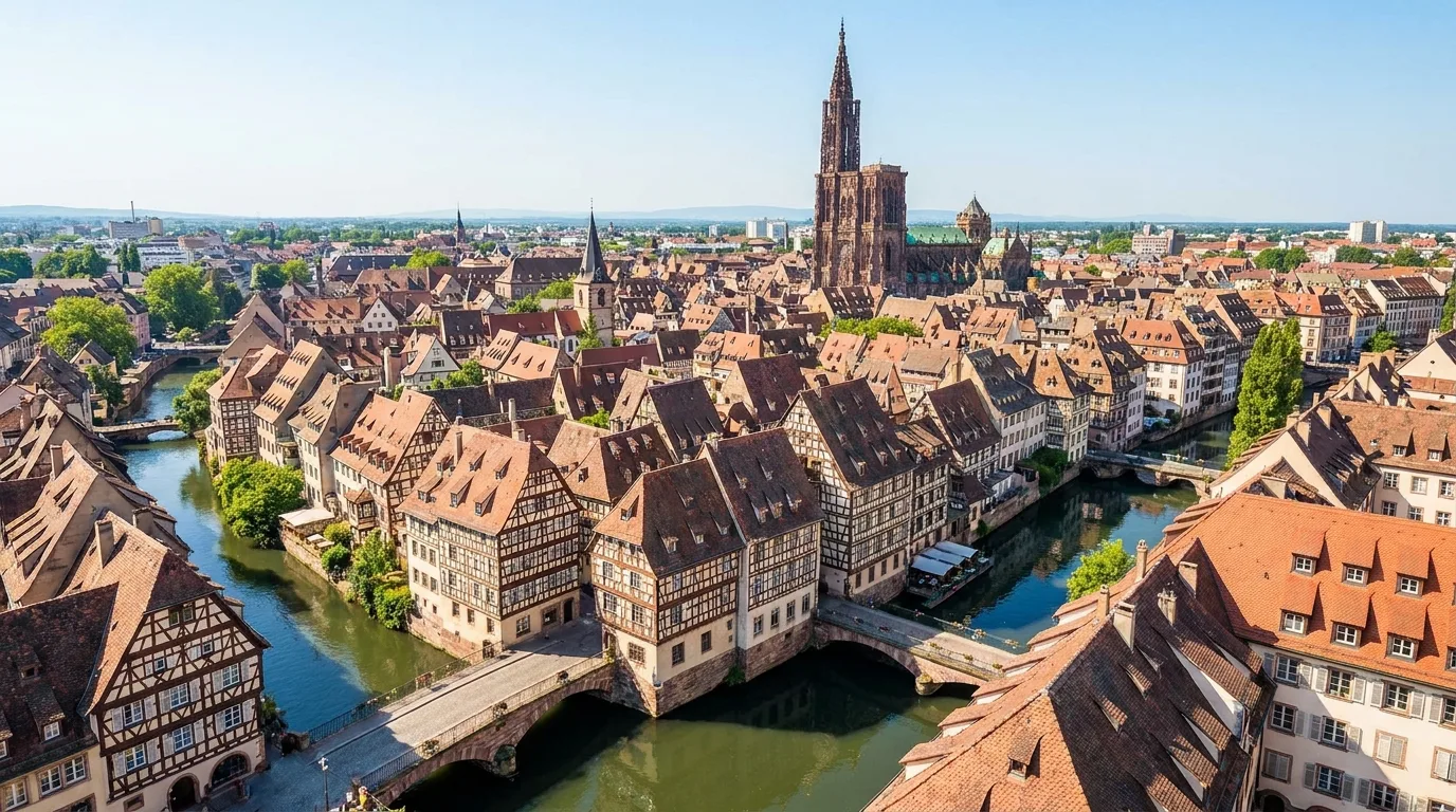 Vue de la Grande Île de Strasbourg, ses canaux et la cathédrale.