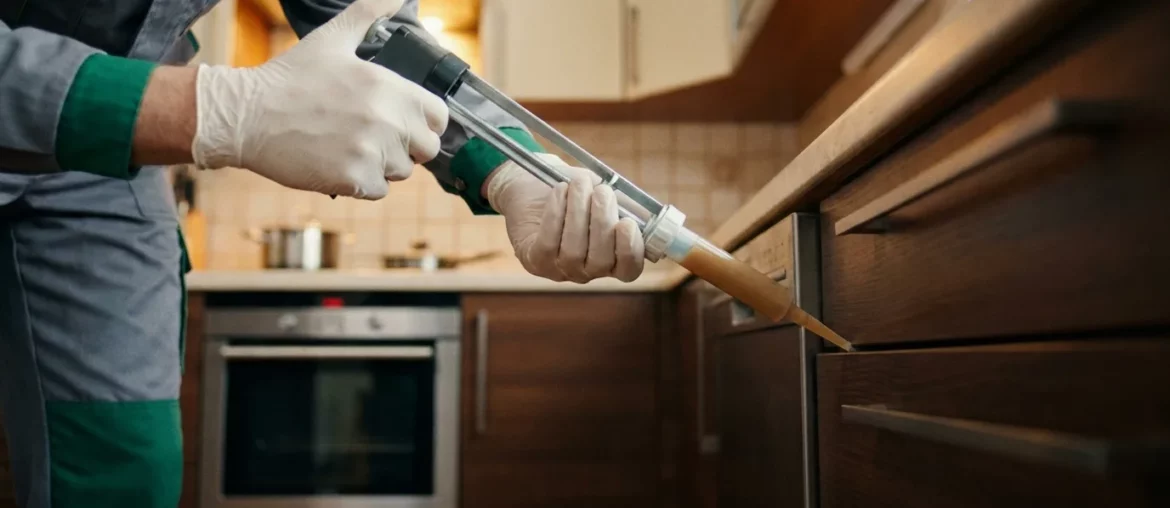 Application de gel anti-cafards derrière un meuble de cuisine à Vaulx-en-Velin.
