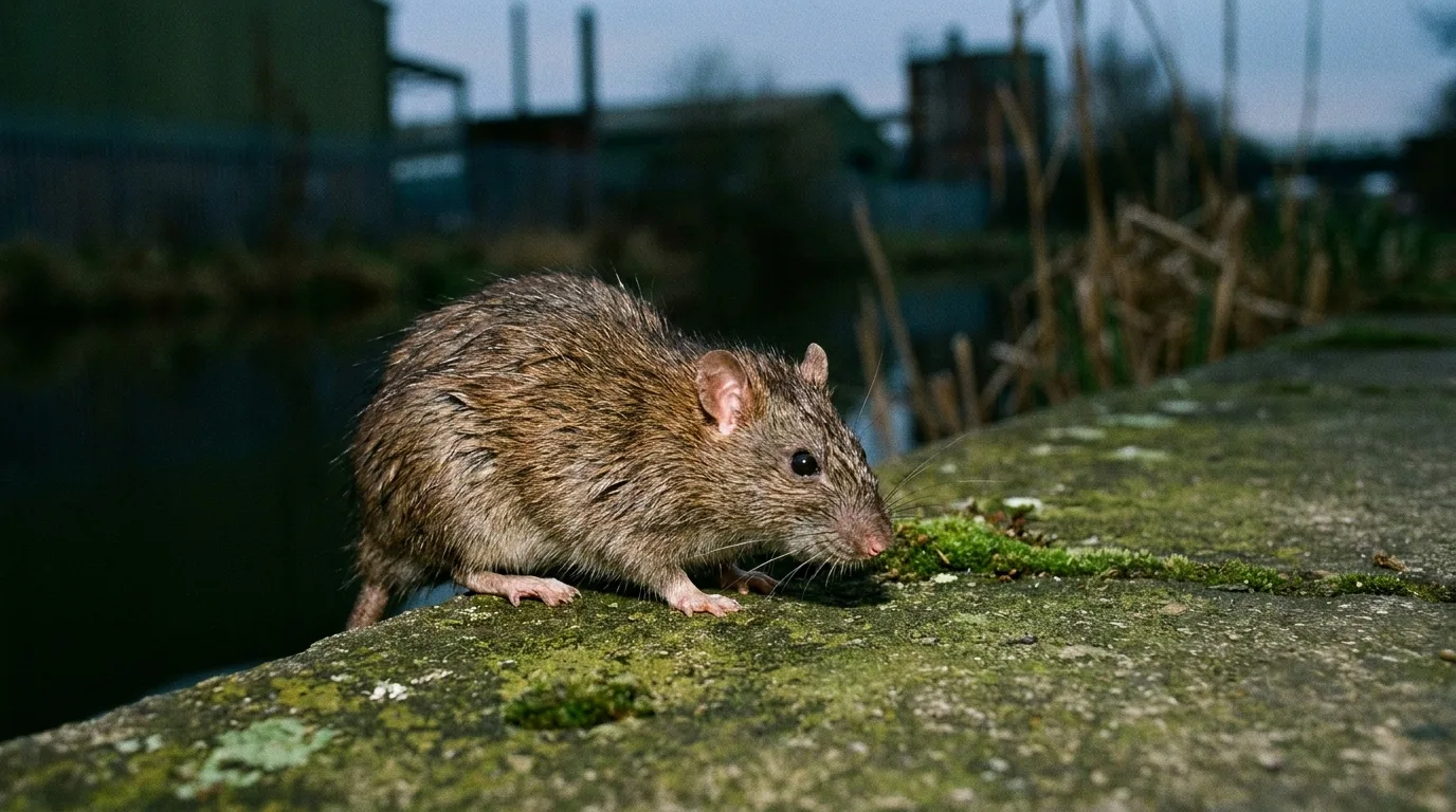 Rat brun au bord d'un canal à Vaulx-en-Velin.