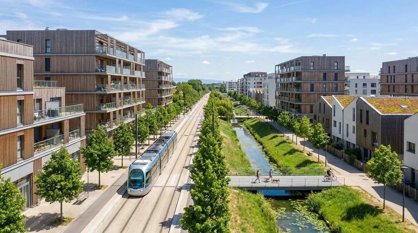 Avenue plantée, tramway et canal à Vaulx-en-Velin.