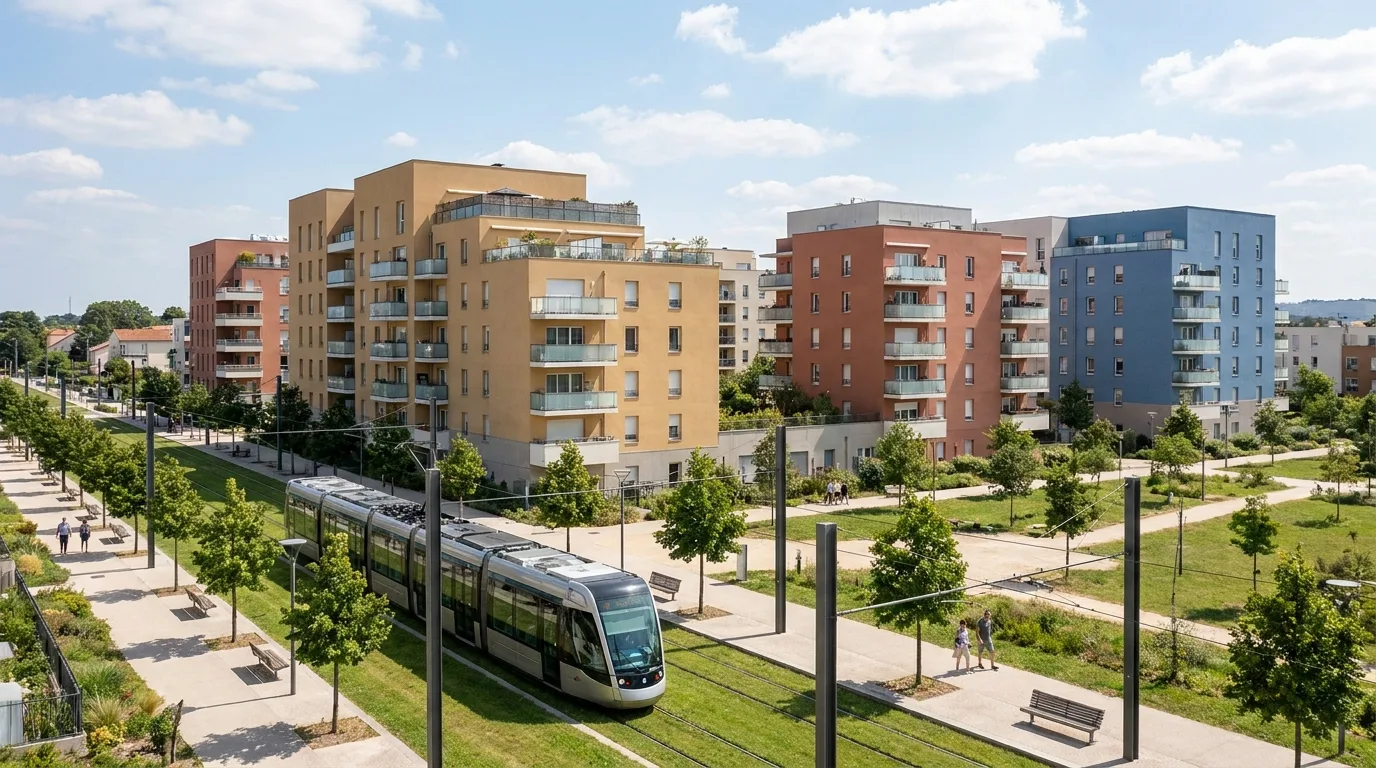 Tours résidentielles rénovées et tramway à Vénissieux.