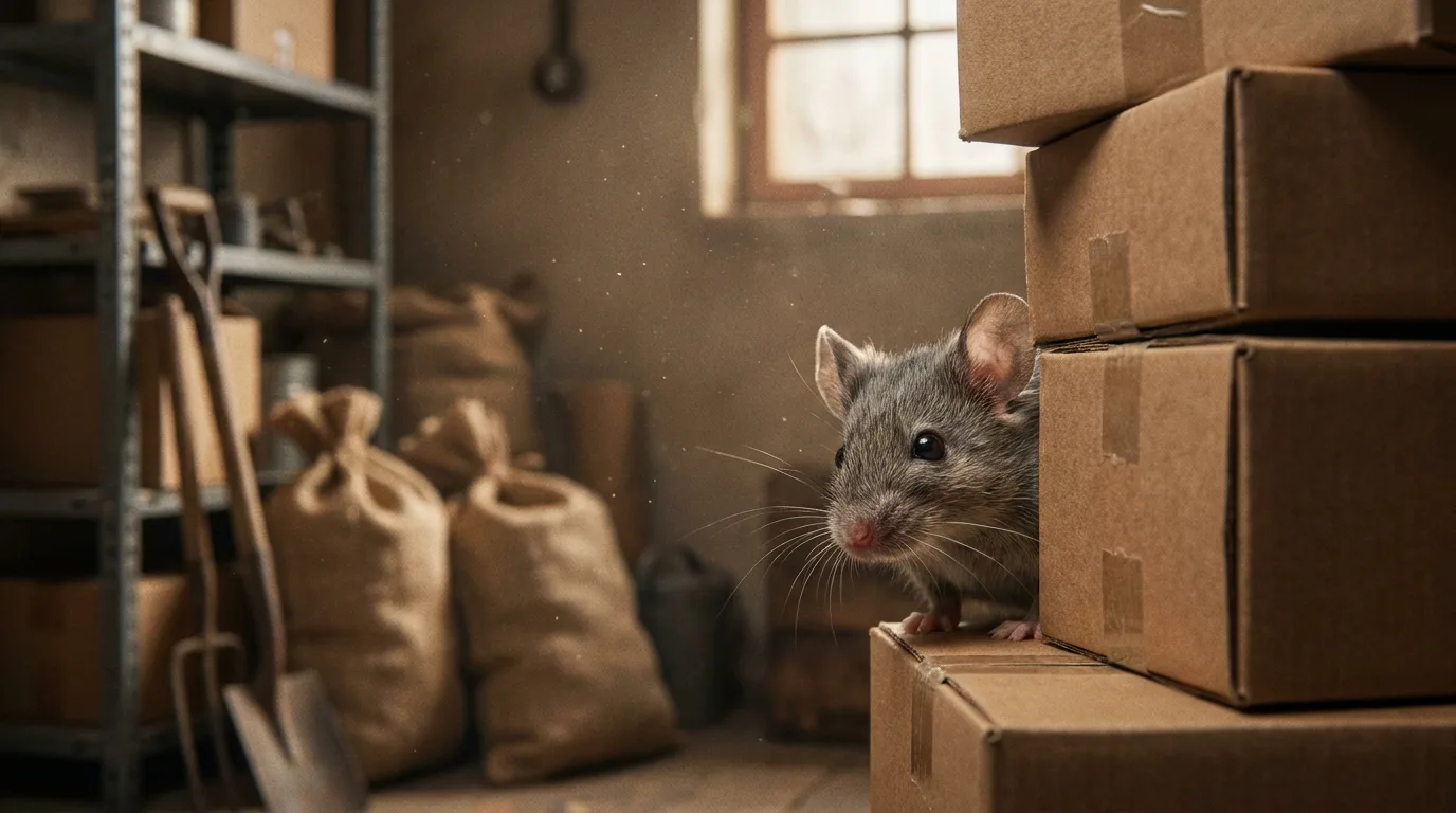 Souris grise derrière des cartons dans une réserve à Villefranche.