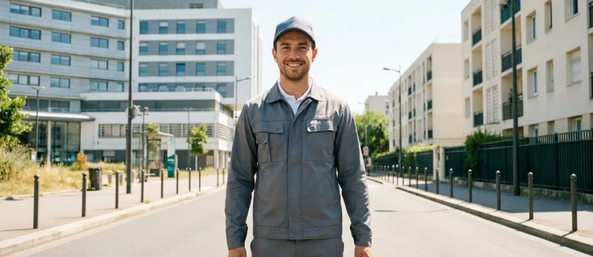 Technicien anti-nuisibles devant un hôpital et des immeubles à Villejuif.