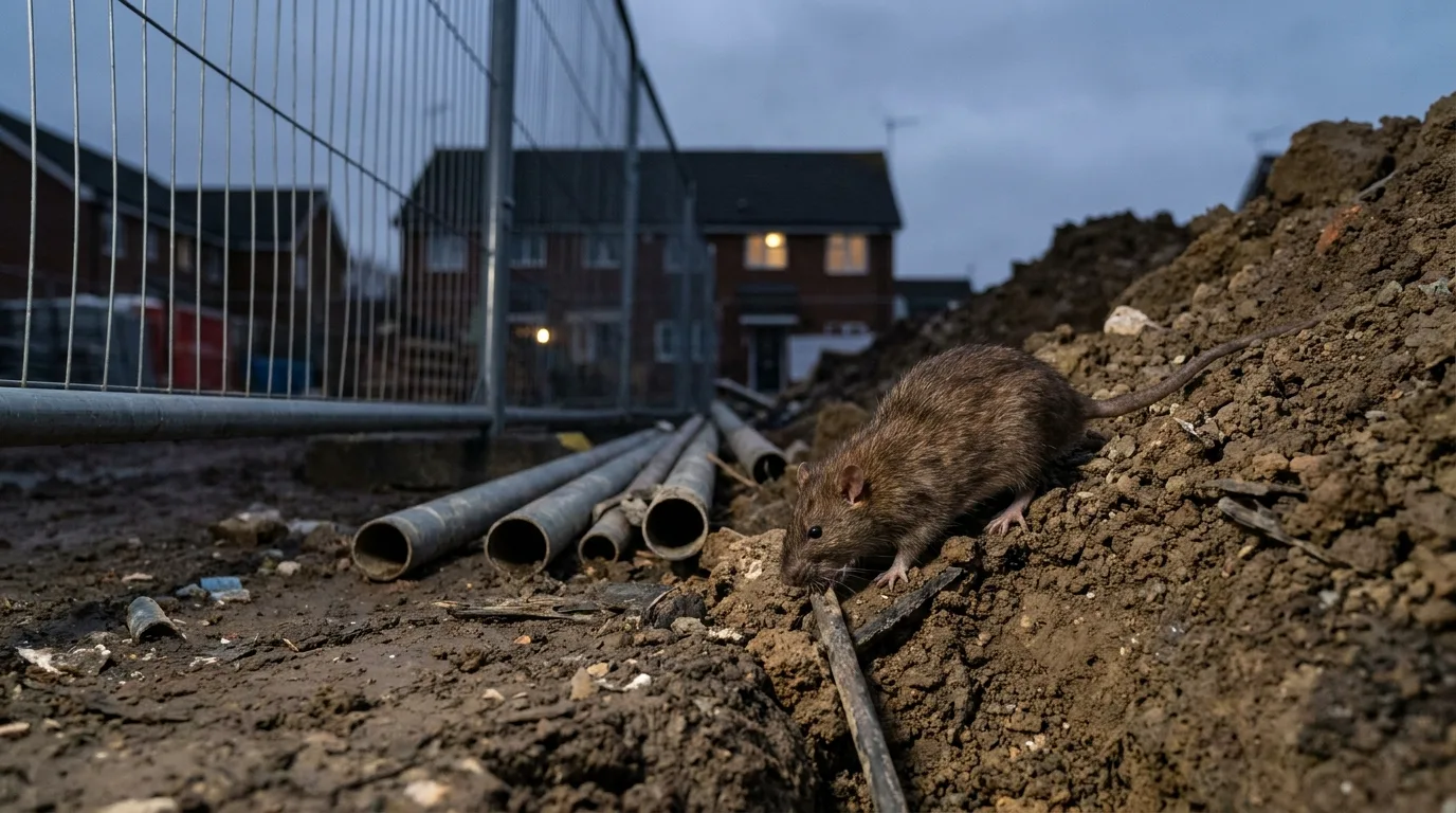 Rat en bordure d'un chantier urbain.