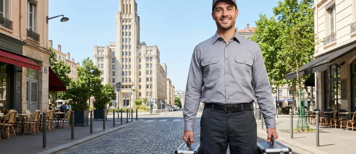 Technicien anti-nuisibles devant les Gratte-Ciel de Villeurbanne.
