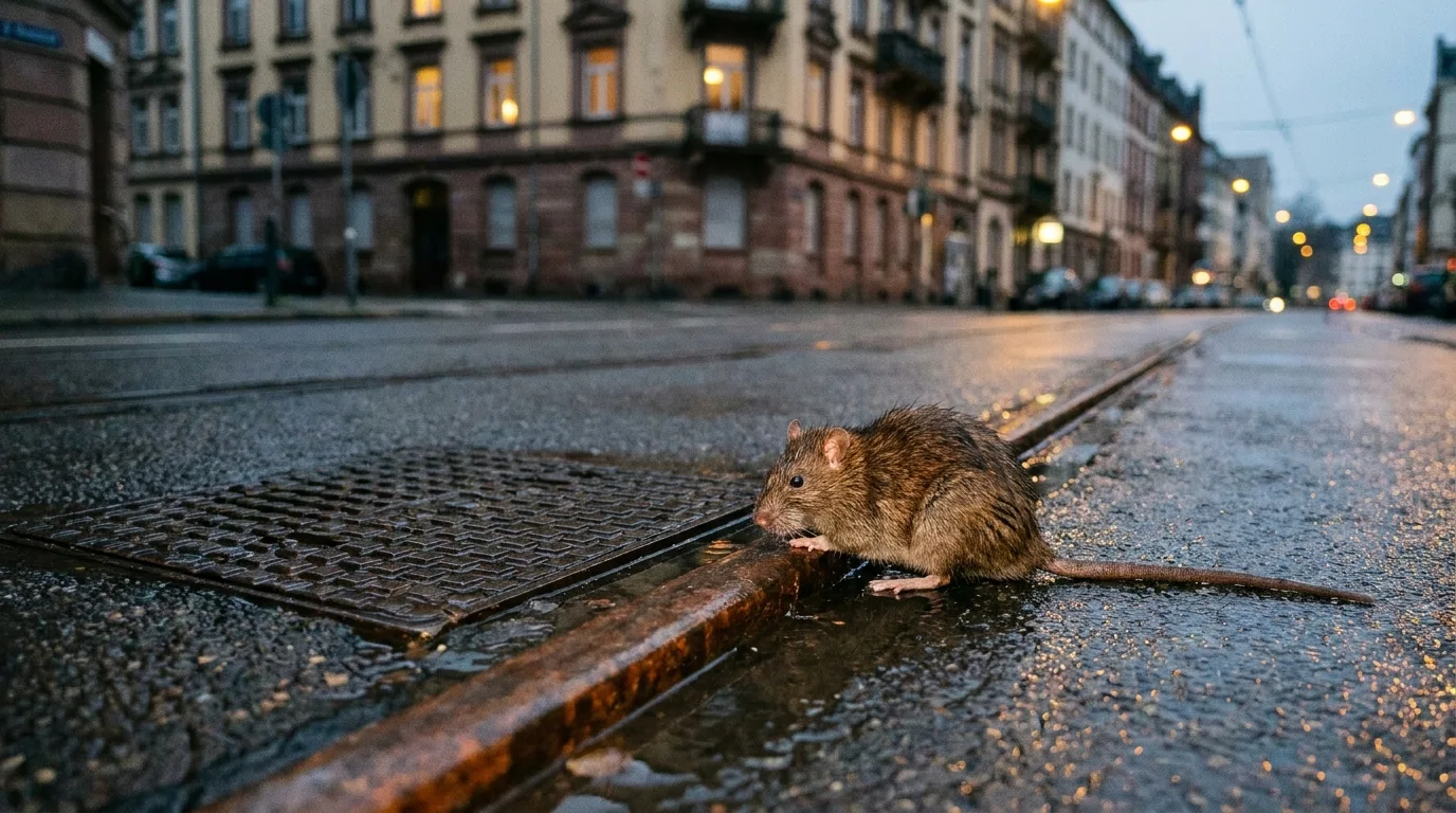 Rat près de voies de tram et d'une grille.