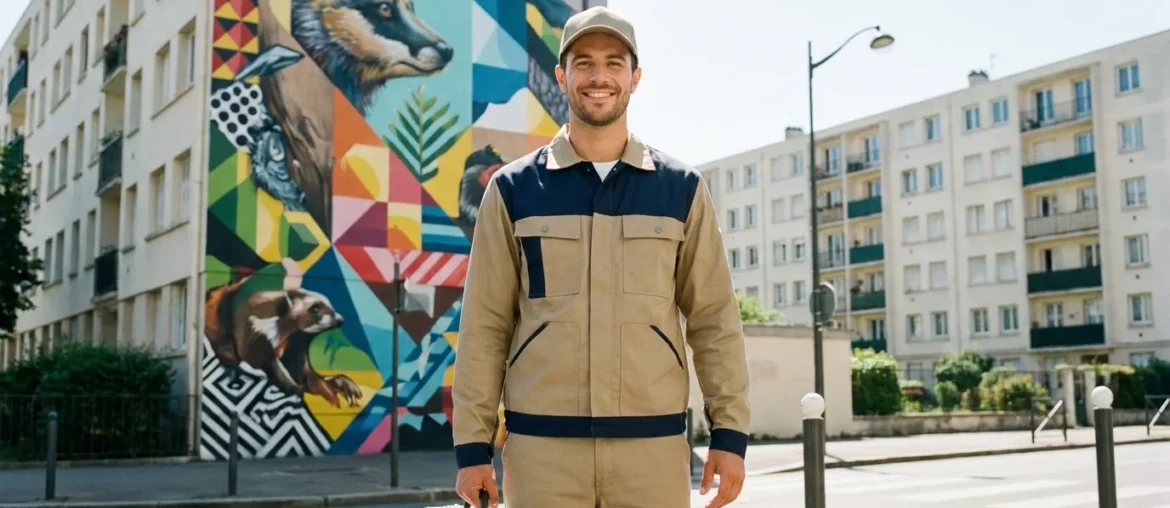 Technicien anti-nuisibles devant une fresque street art à Vitry-sur-Seine.