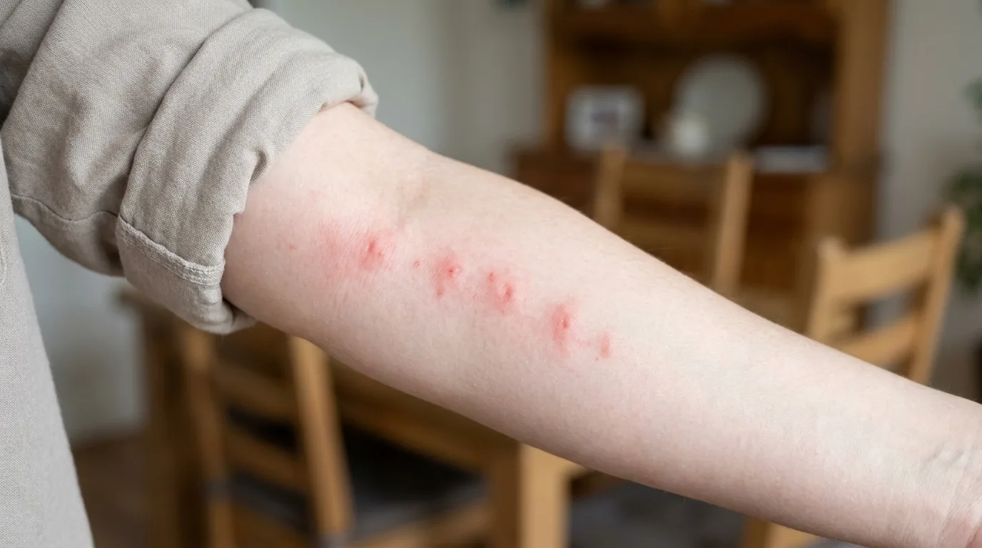 Piqûres de punaises de lit alignées sur un avant-bras.