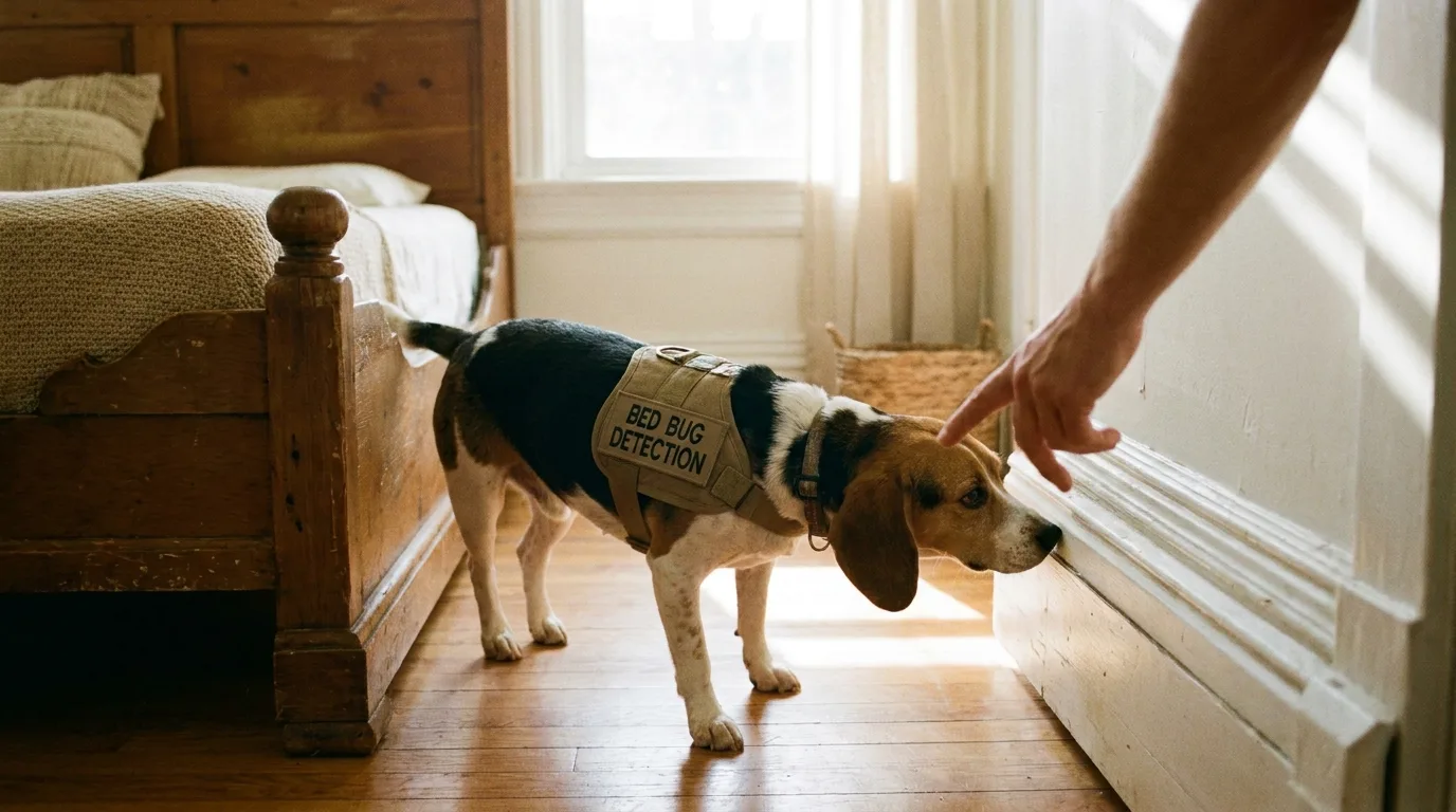 Chien détecteur de punaises de lit inspectant une plinthe.