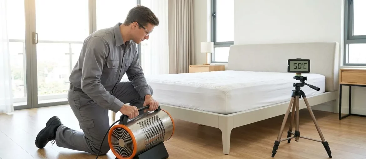Traitement thermique des punaises de lit au canon à chaleur dans une chambre à Grenoble.