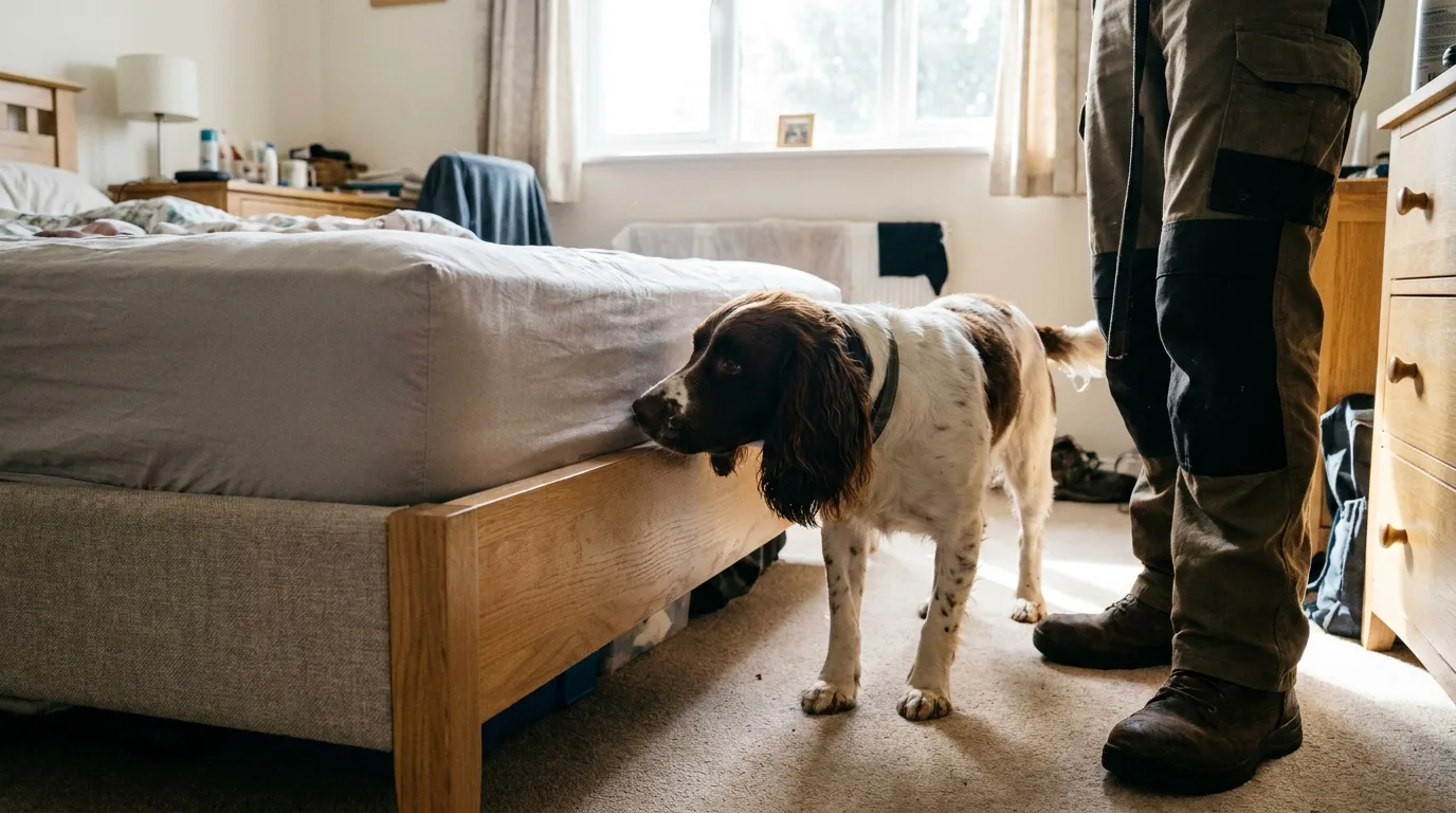 Chien détecteur de punaises de lit reniflant le cadre d'un lit.