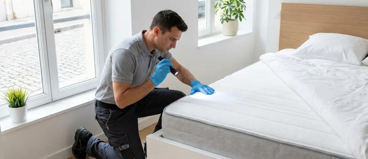 Technicien inspectant un matelas à la lampe dans une chambre à Lyon.