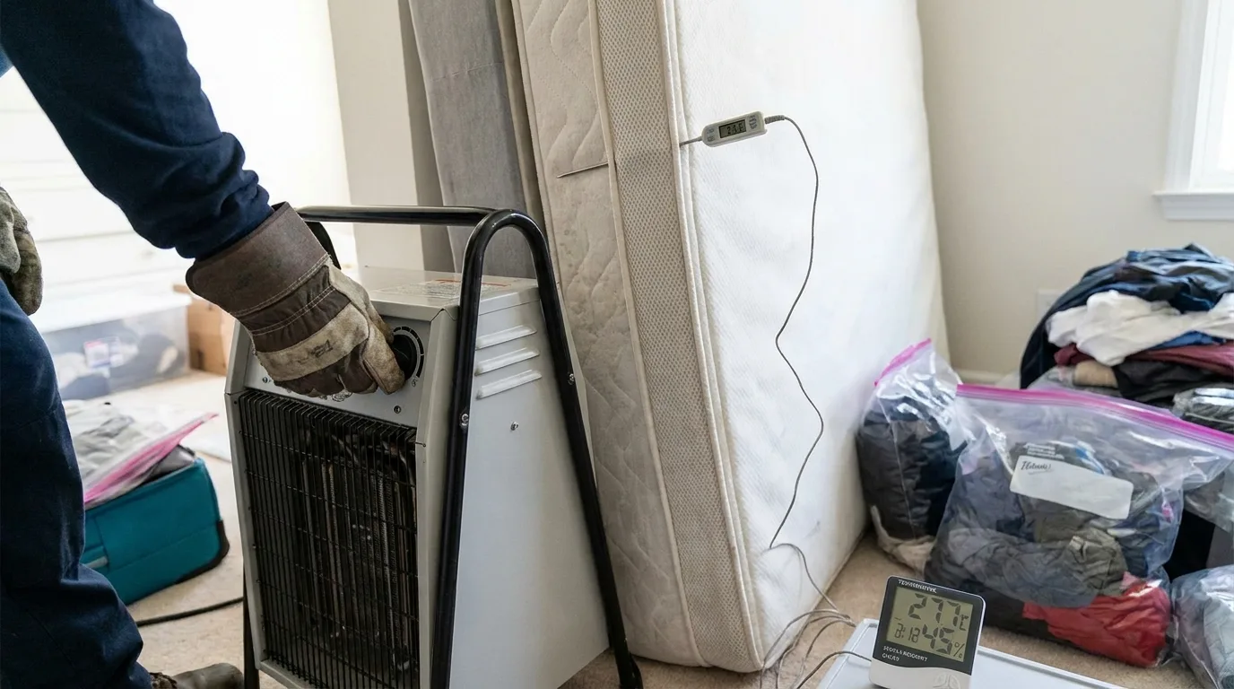 Traitement thermique des punaises de lit avec thermomètre.