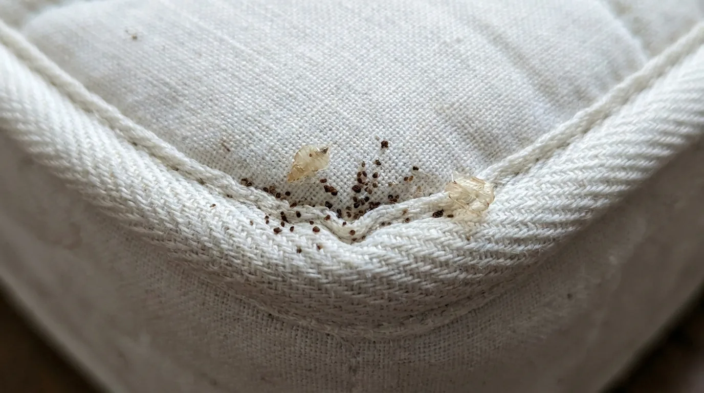 Traces de punaises de lit : taches noires et mues sur une couture de matelas.