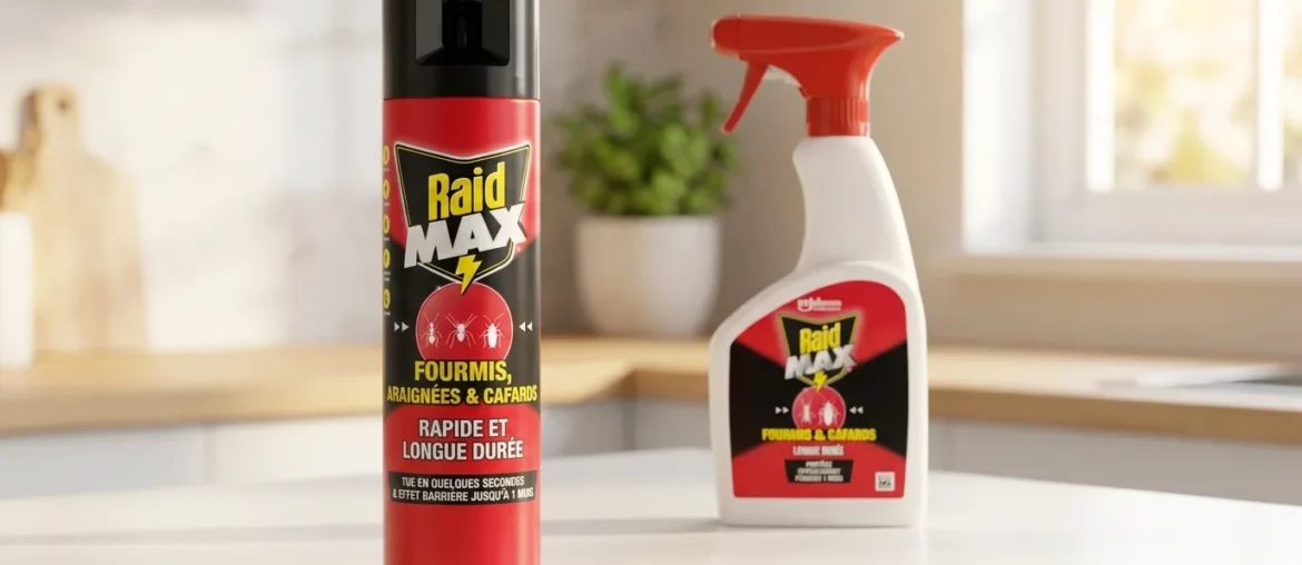 L'aérosol Raid Max Fourmis, Araignées et Cafards et le spray Raid Max sur un plan de travail de cuisine
