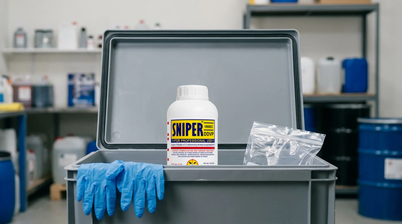 Le flacon de Sniper 1000 EC DDVP déposé dans un bac de collecte de déchets chimiques, avec gants et sac scellé